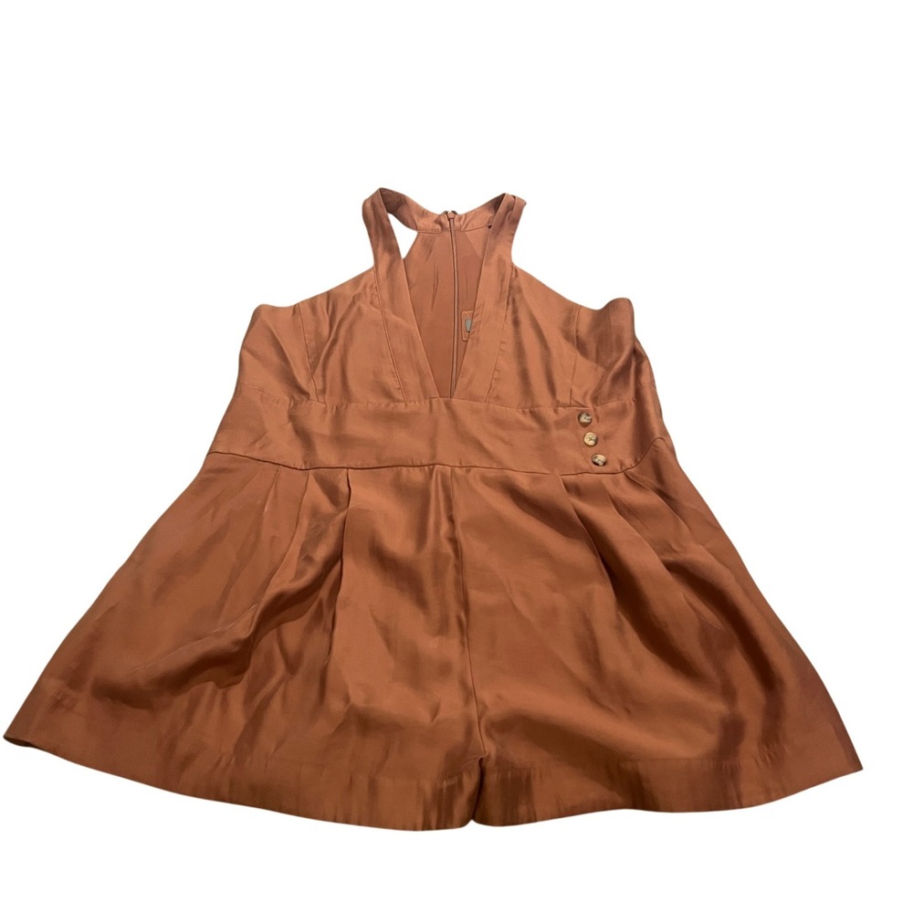 Anthropologie Copper Brown Satin Halter V-Neck Pleated Romper Jumpsuit Large